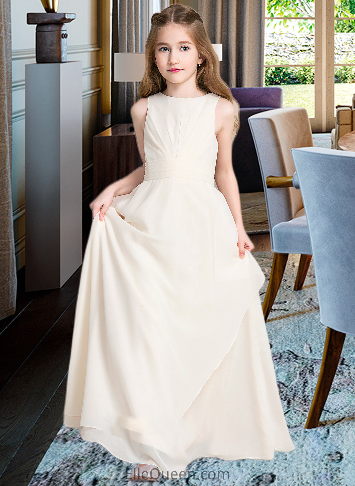 Alissa A-Line Scoop Neck Floor-Length Chiffon Junior Bridesmaid Dress With Cascading Ruffles DGP0013394