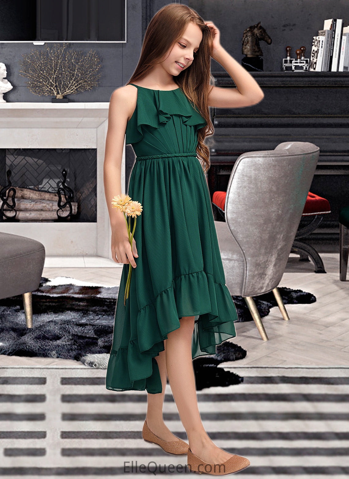 Karley A-Line Scoop Neck Asymmetrical Chiffon Junior Bridesmaid Dress With Cascading Ruffles DGP0013395