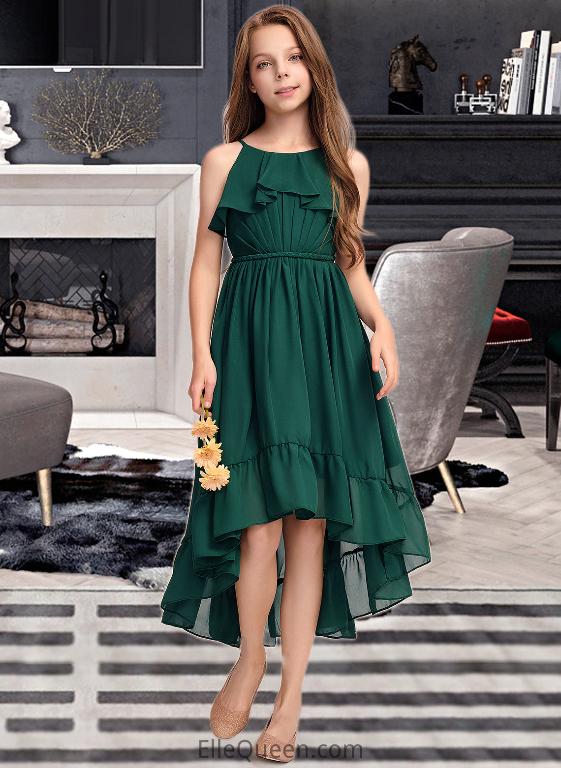 Karley A-Line Scoop Neck Asymmetrical Chiffon Junior Bridesmaid Dress With Cascading Ruffles DGP0013395