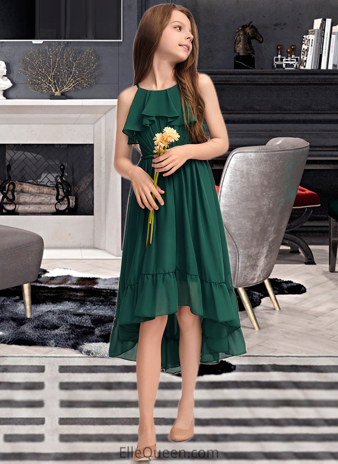 Karley A-Line Scoop Neck Asymmetrical Chiffon Junior Bridesmaid Dress With Cascading Ruffles DGP0013395