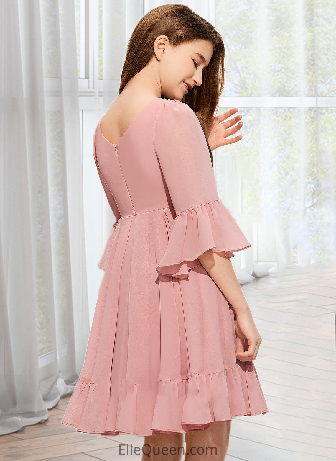 Brooklynn A-Line V-neck Knee-Length Chiffon Junior Bridesmaid Dress With Cascading Ruffles DGP0013396