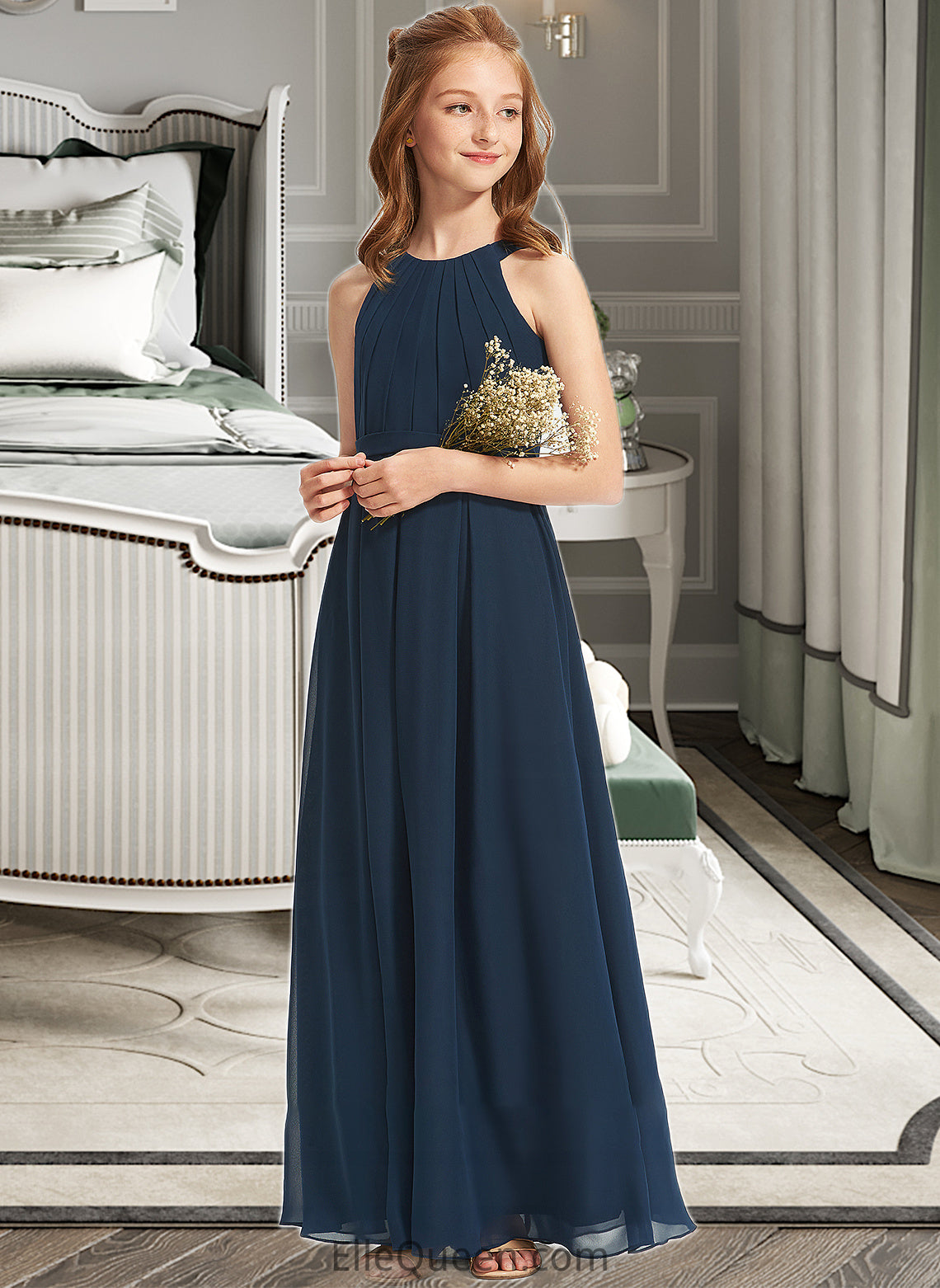 Alexia A-Line Scoop Neck Floor-Length Chiffon Junior Bridesmaid Dress With Ruffle DGP0013397