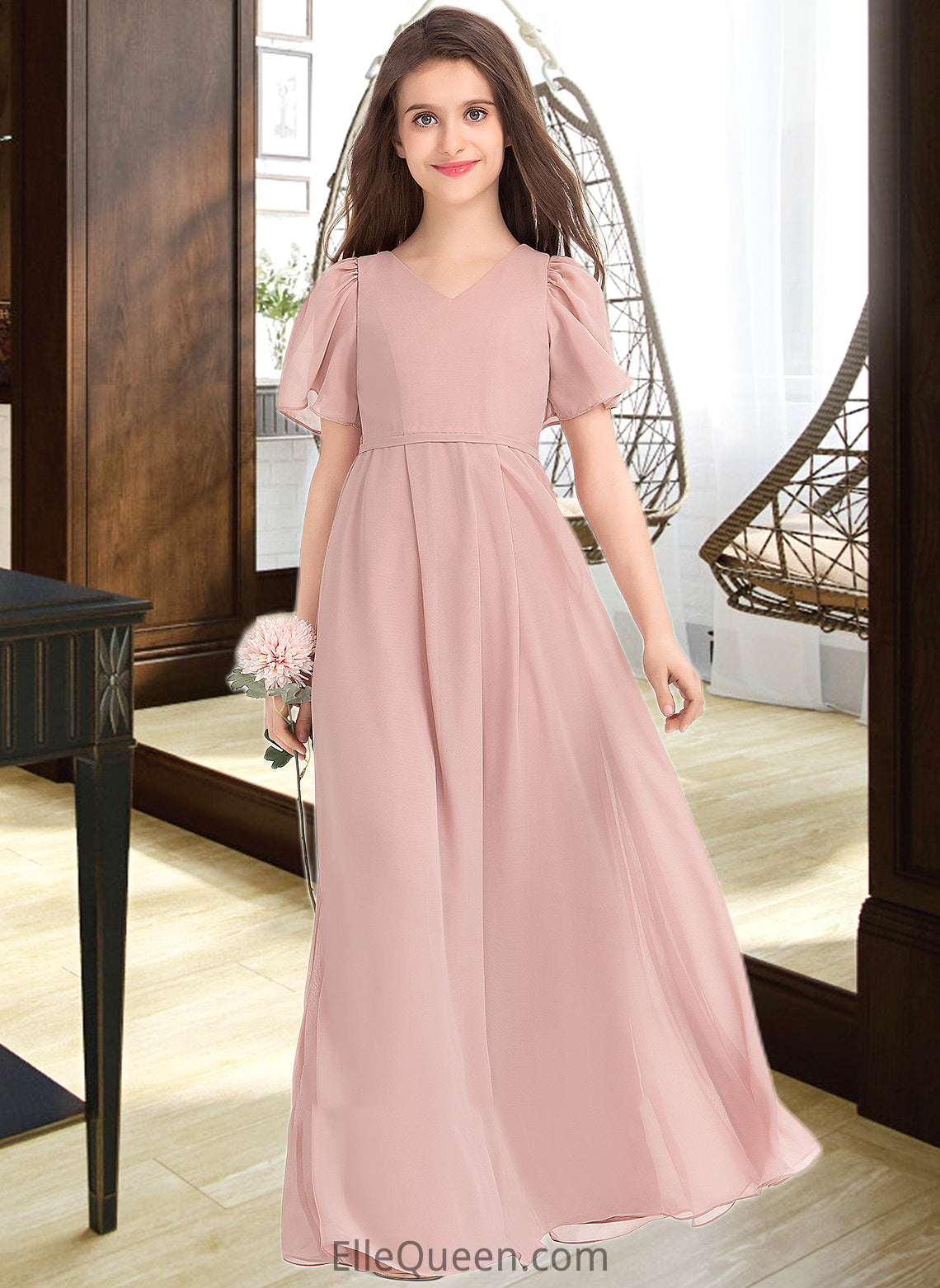 Ashleigh A-Line V-neck Floor-Length Chiffon Junior Bridesmaid Dress With Bow(s) DGP0013399