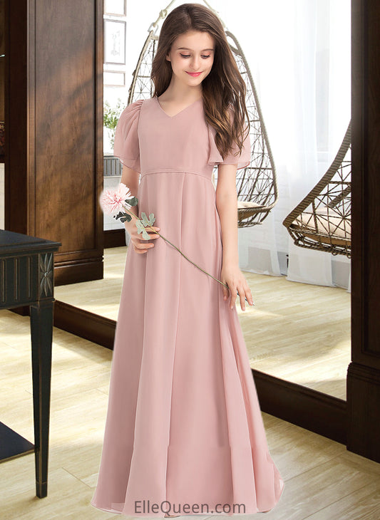 Ashleigh A-Line V-neck Floor-Length Chiffon Junior Bridesmaid Dress With Bow(s) DGP0013399