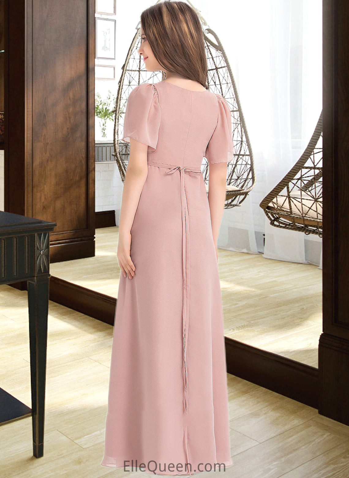 Ashleigh A-Line V-neck Floor-Length Chiffon Junior Bridesmaid Dress With Bow(s) DGP0013399