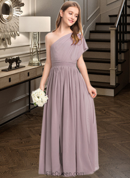 Savannah A-Line One-Shoulder Floor-Length Chiffon Junior Bridesmaid Dress With Ruffle DGP0013400