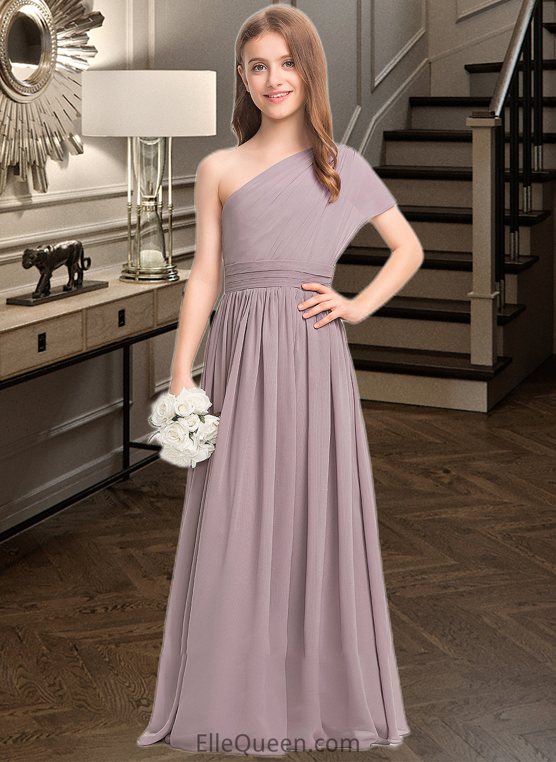 Savannah A-Line One-Shoulder Floor-Length Chiffon Junior Bridesmaid Dress With Ruffle DGP0013400