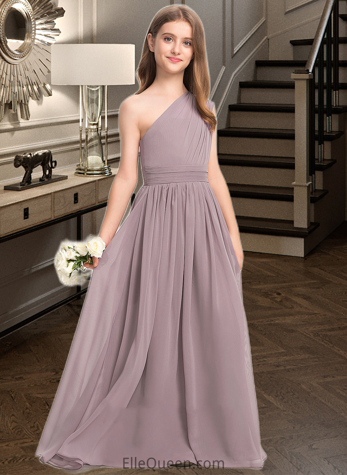 Savannah A-Line One-Shoulder Floor-Length Chiffon Junior Bridesmaid Dress With Ruffle DGP0013400