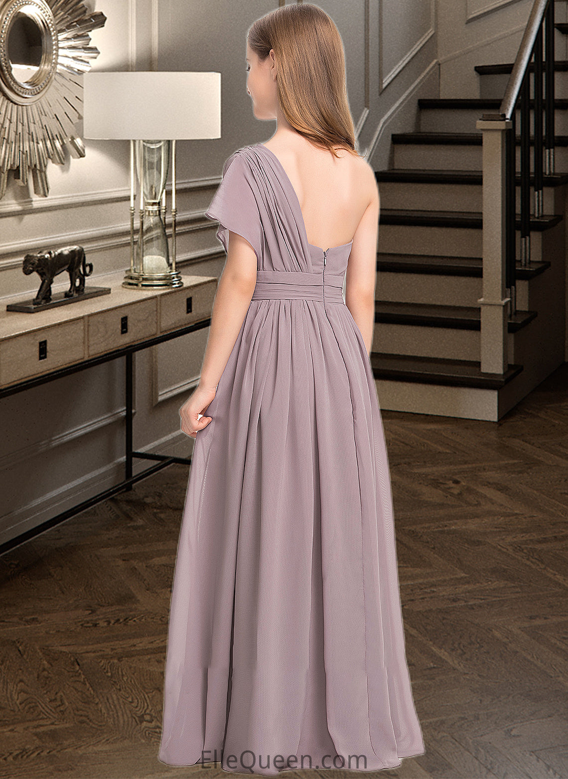 Savannah A-Line One-Shoulder Floor-Length Chiffon Junior Bridesmaid Dress With Ruffle DGP0013400