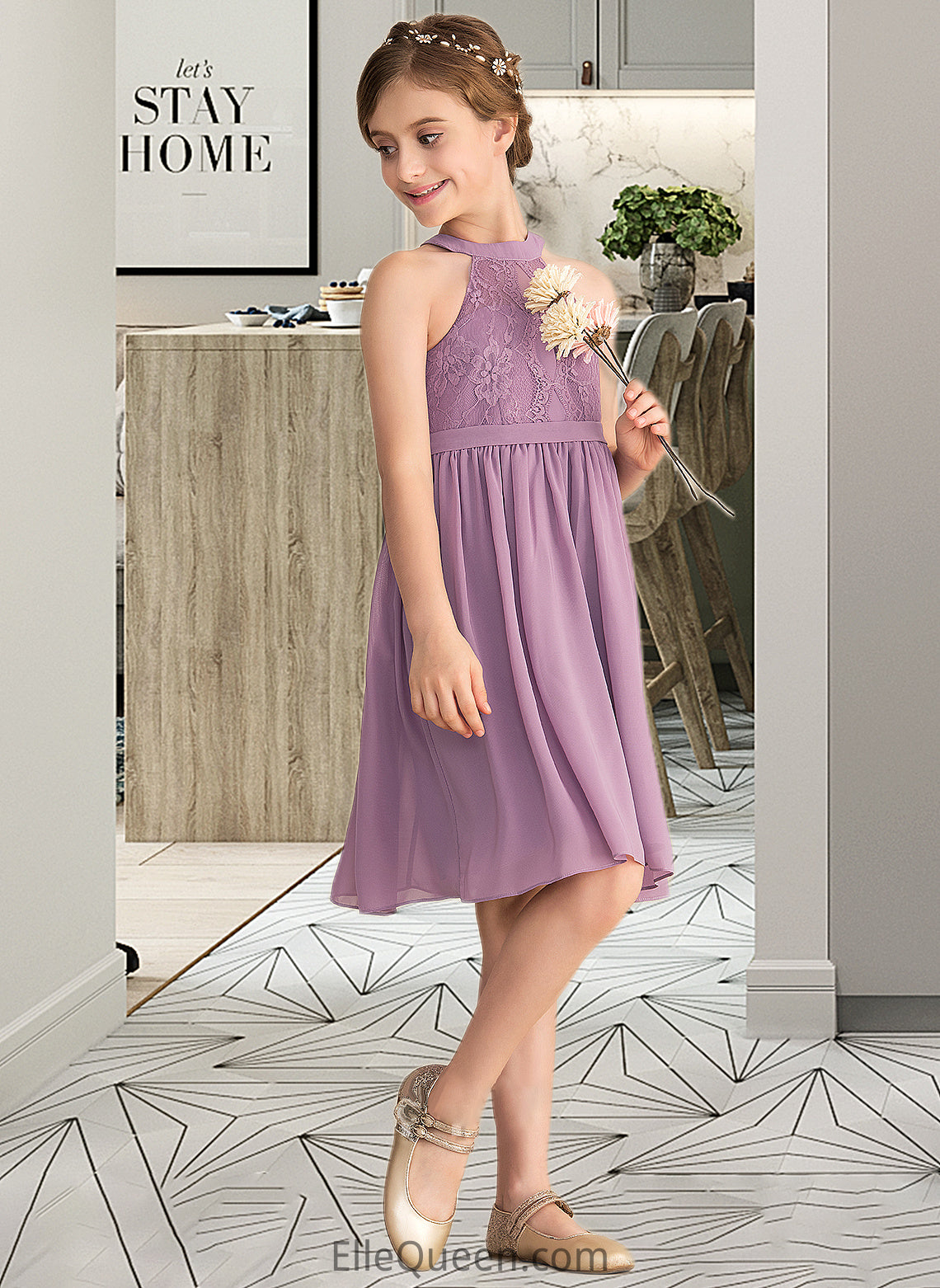 Carolyn A-Line Scoop Neck Knee-Length Chiffon Lace Junior Bridesmaid Dress DGP0013401