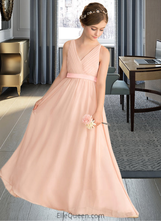 Charity A-Line V-neck Floor-Length Chiffon Junior Bridesmaid Dress With Ruffle Bow(s) DGP0013402