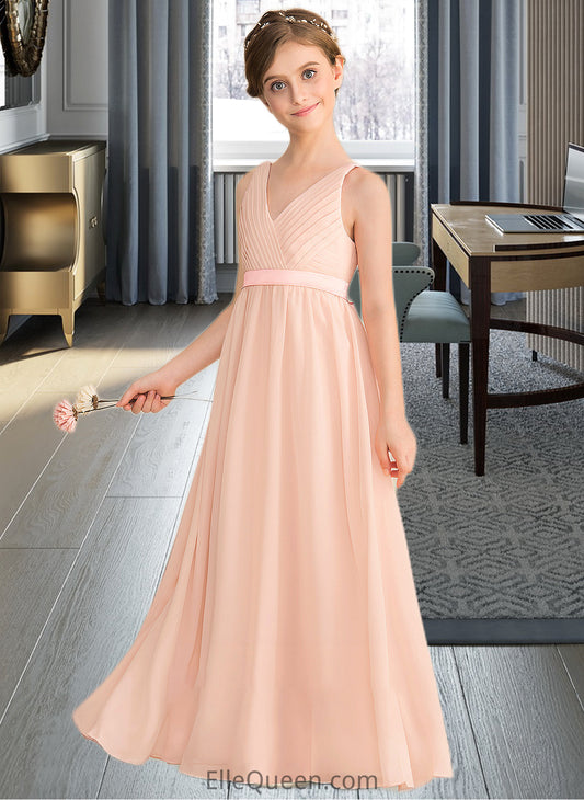 Charity A-Line V-neck Floor-Length Chiffon Junior Bridesmaid Dress With Ruffle Bow(s) DGP0013402