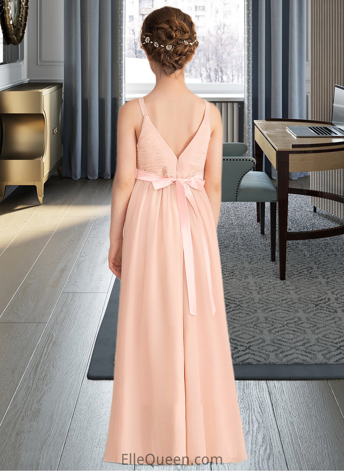 Charity A-Line V-neck Floor-Length Chiffon Junior Bridesmaid Dress With Ruffle Bow(s) DGP0013402