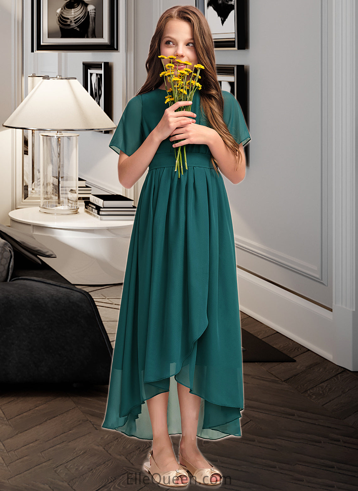 Vera A-Line Scoop Neck Asymmetrical Chiffon Junior Bridesmaid Dress With Ruffle Bow(s) DGP0013403