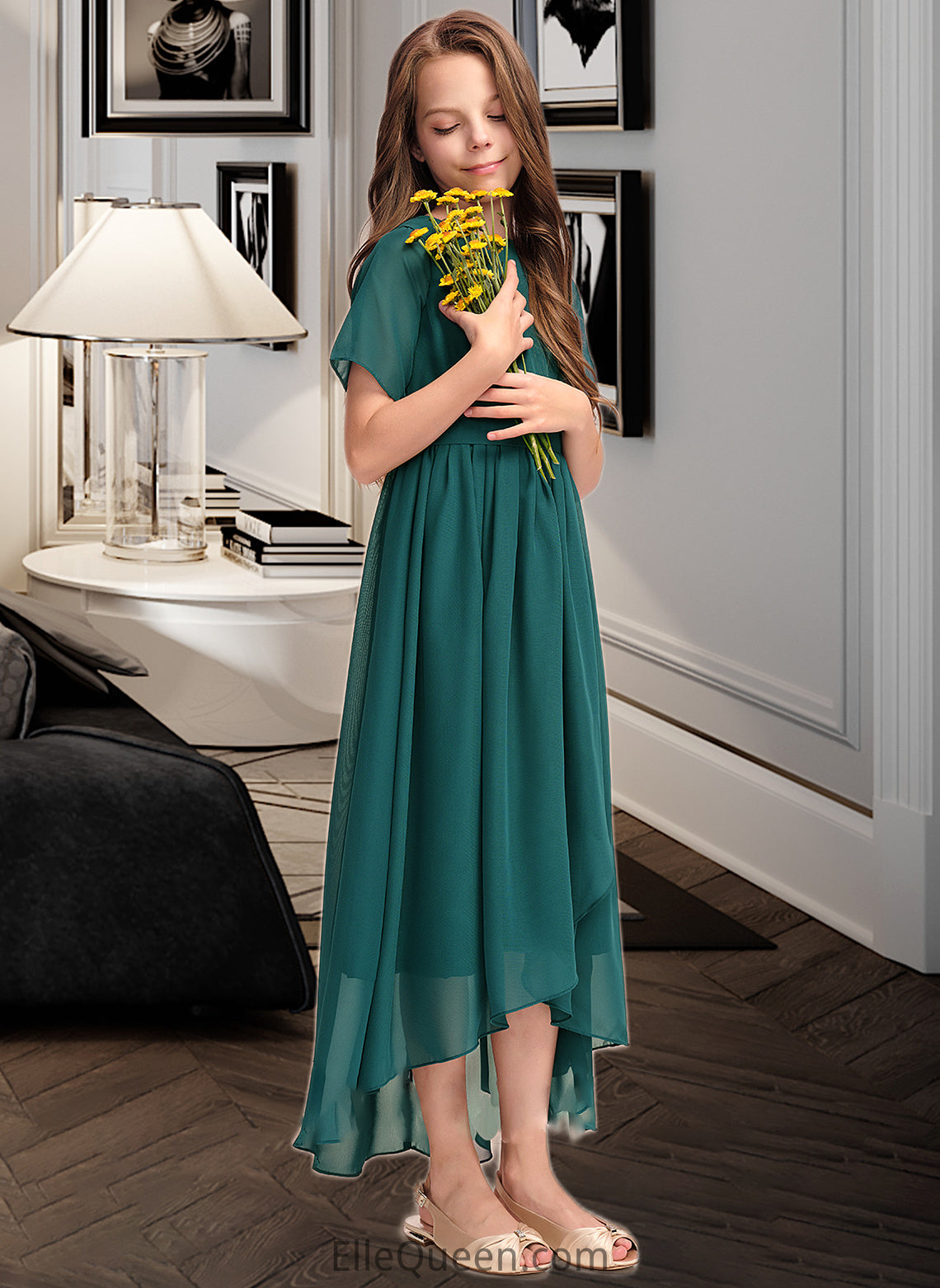 Vera A-Line Scoop Neck Asymmetrical Chiffon Junior Bridesmaid Dress With Ruffle Bow(s) DGP0013403