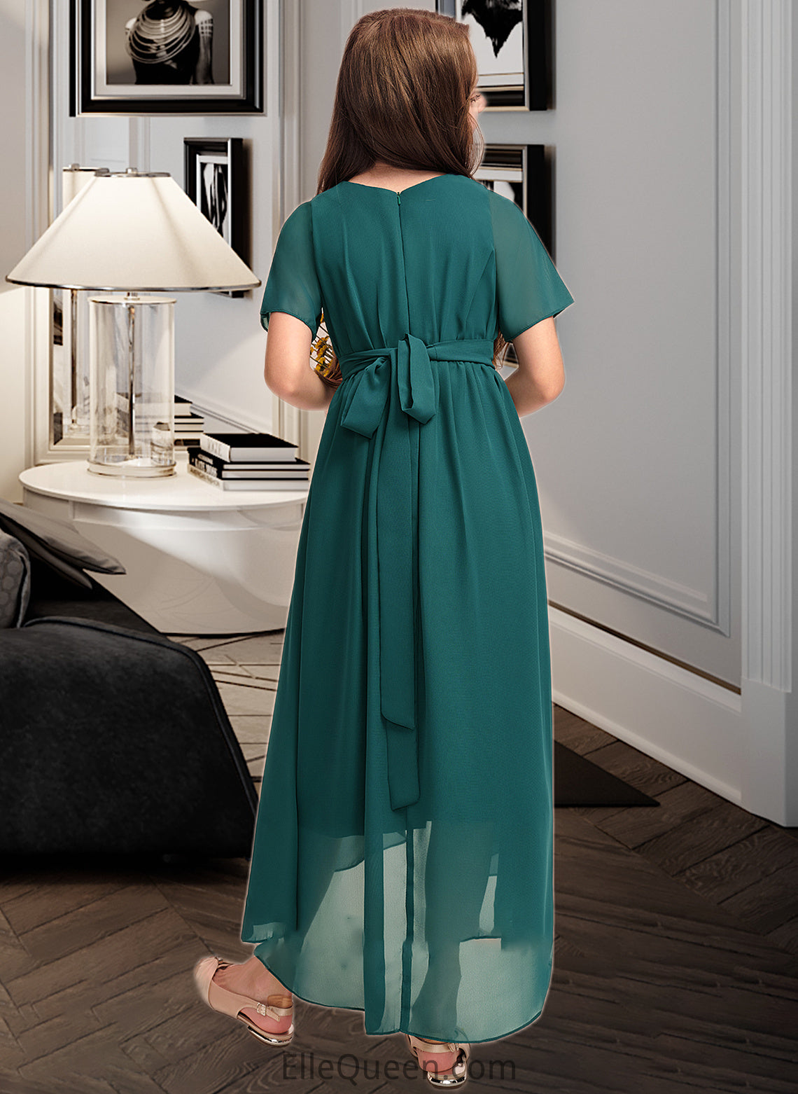 Vera A-Line Scoop Neck Asymmetrical Chiffon Junior Bridesmaid Dress With Ruffle Bow(s) DGP0013403