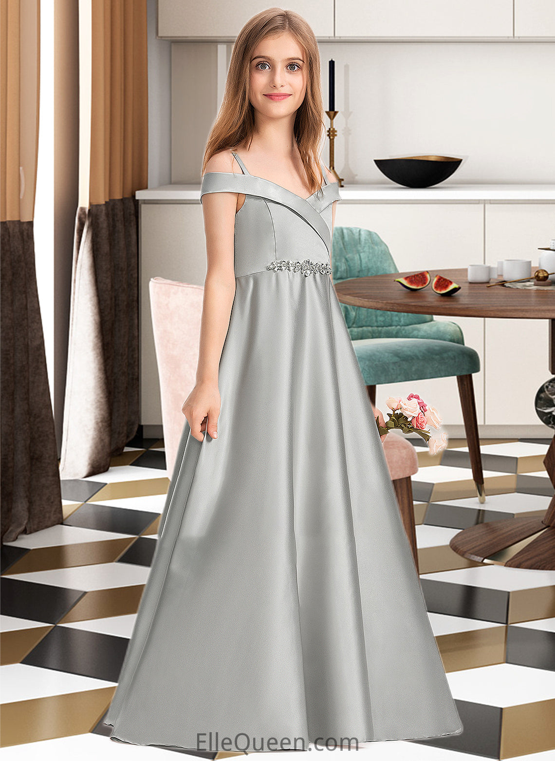 Sheila Ball-Gown/Princess Off-the-Shoulder Floor-Length Satin Junior Bridesmaid Dress DGP0013404