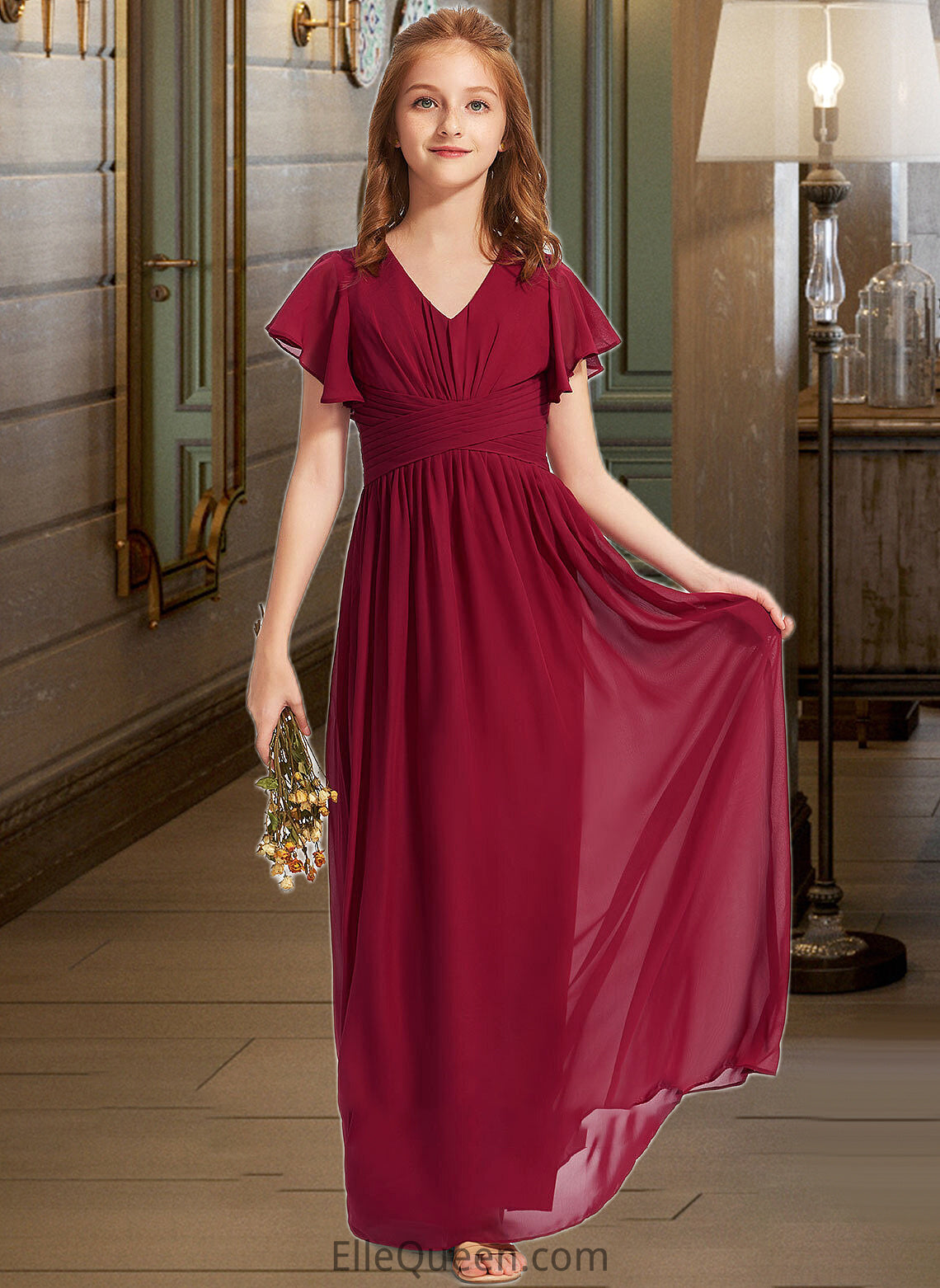 Nayeli A-Line V-neck Floor-Length Chiffon Junior Bridesmaid Dress With Ruffle DGP0013405