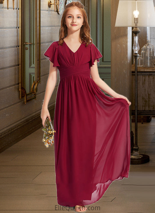 Nayeli A-Line V-neck Floor-Length Chiffon Junior Bridesmaid Dress With Ruffle DGP0013405