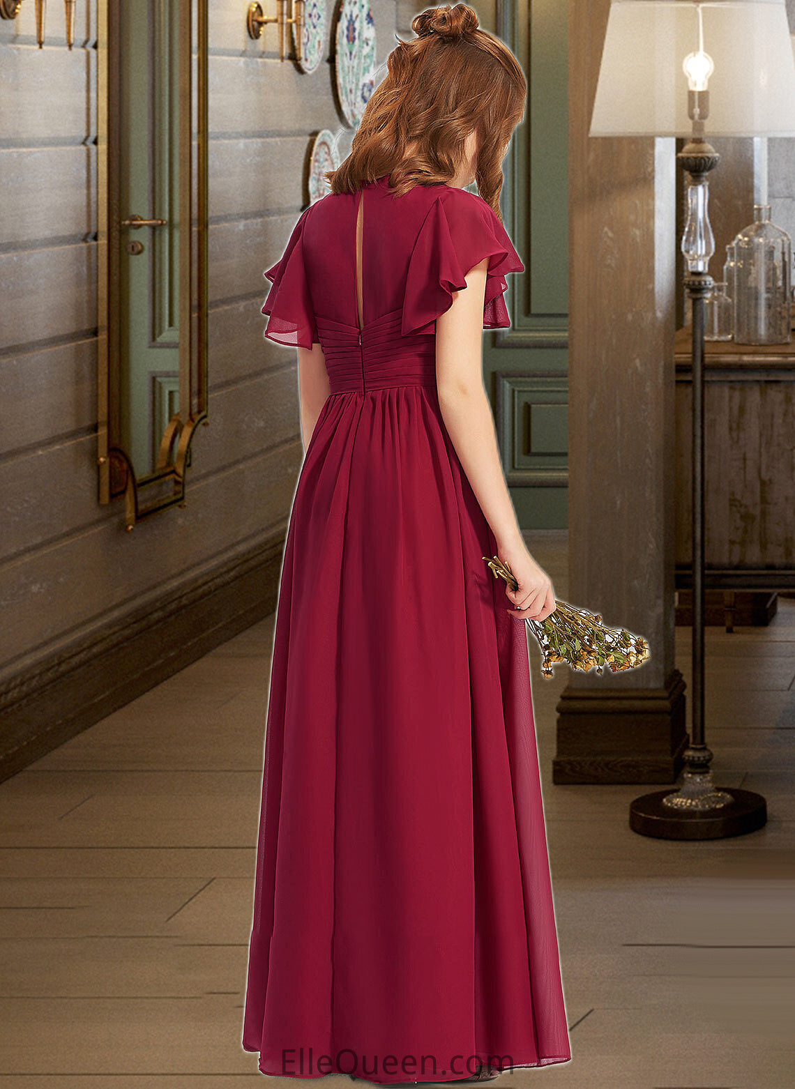 Nayeli A-Line V-neck Floor-Length Chiffon Junior Bridesmaid Dress With Ruffle DGP0013405