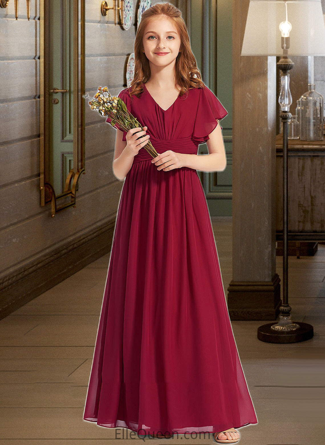 Nayeli A-Line V-neck Floor-Length Chiffon Junior Bridesmaid Dress With Ruffle DGP0013405