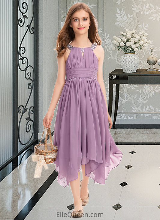 Rayna A-Line Scoop Neck Tea-Length Chiffon Junior Bridesmaid Dress With Ruffle Beading Bow(s) DGP0013406