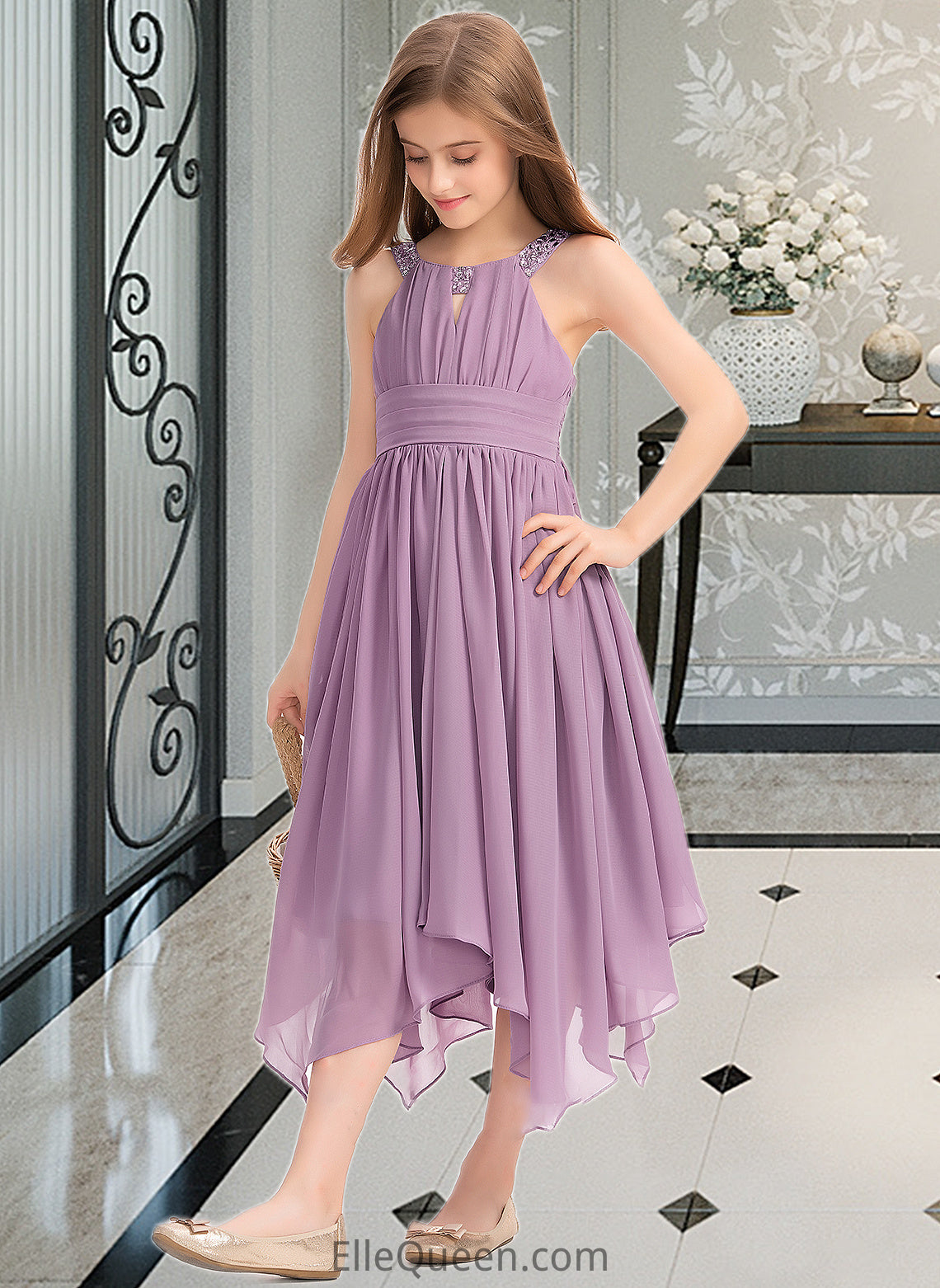 Rayna A-Line Scoop Neck Tea-Length Chiffon Junior Bridesmaid Dress With Ruffle Beading Bow(s) DGP0013406