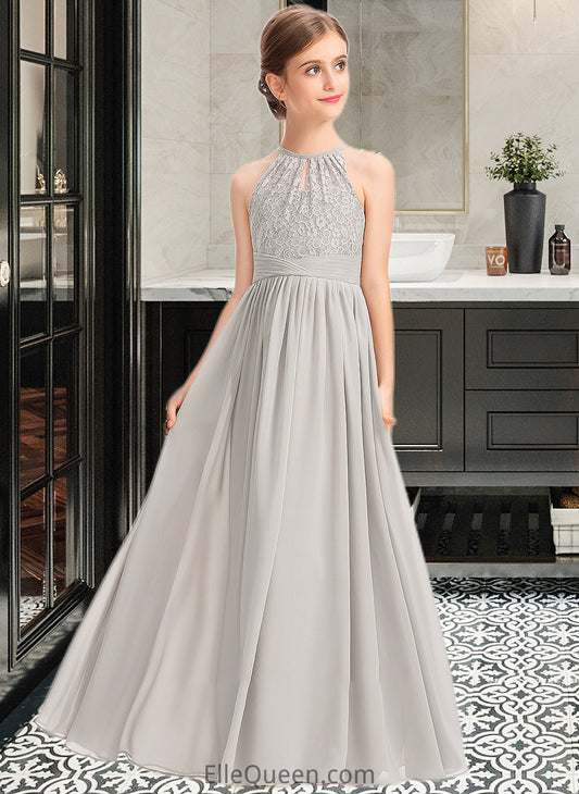 Carmen A-Line Scoop Neck Floor-Length Chiffon Lace Junior Bridesmaid Dress With Ruffle DGP0013409