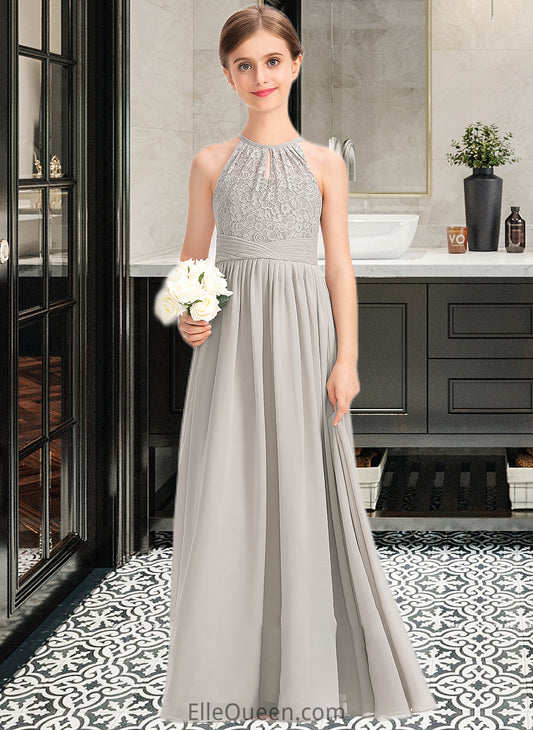 Carmen A-Line Scoop Neck Floor-Length Chiffon Lace Junior Bridesmaid Dress With Ruffle DGP0013409