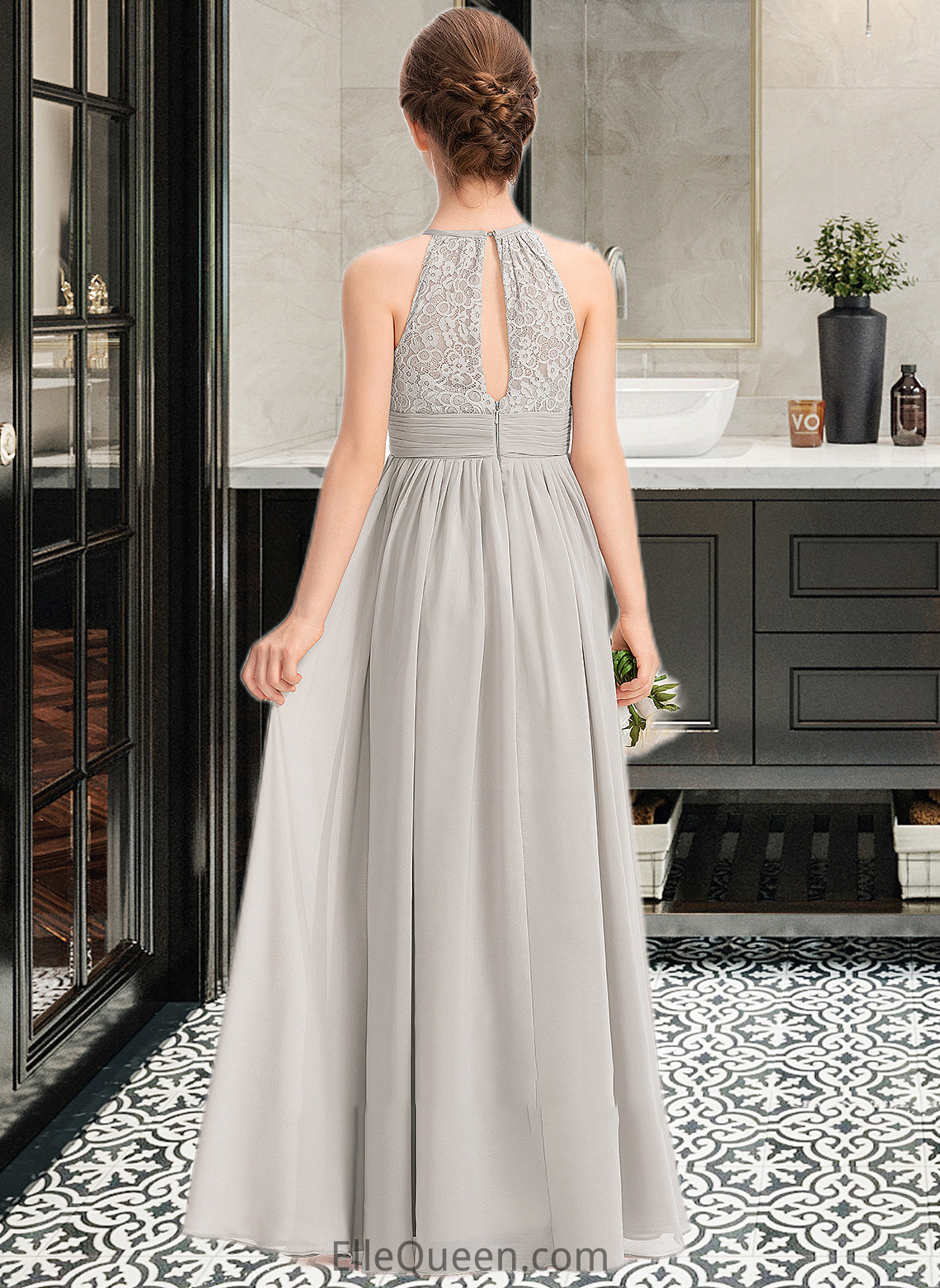 Carmen A-Line Scoop Neck Floor-Length Chiffon Lace Junior Bridesmaid Dress With Ruffle DGP0013409