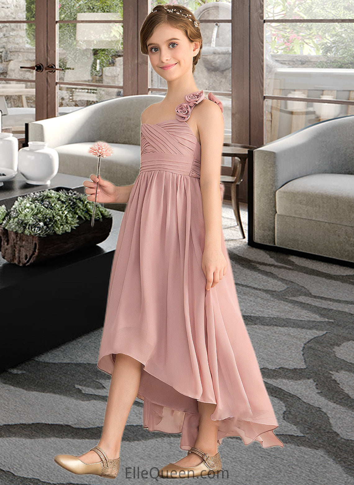 Matilda A-Line One-Shoulder Asymmetrical Chiffon Junior Bridesmaid Dress With Ruffle Flower(s) Bow(s) DGP0013410