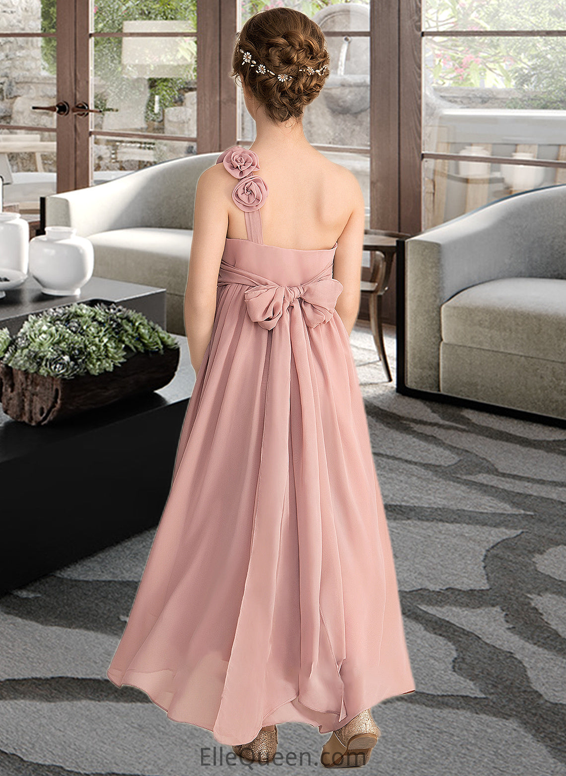 Matilda A-Line One-Shoulder Asymmetrical Chiffon Junior Bridesmaid Dress With Ruffle Flower(s) Bow(s) DGP0013410