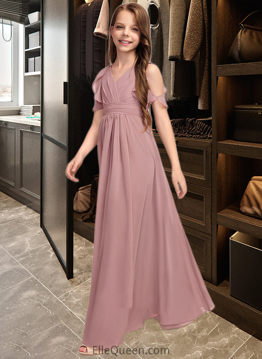 Amiyah A-Line V-neck Floor-Length Chiffon Junior Bridesmaid Dress With Cascading Ruffles DGP0013413