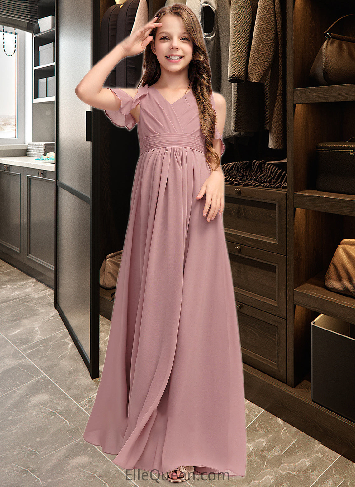 Amiyah A-Line V-neck Floor-Length Chiffon Junior Bridesmaid Dress With Cascading Ruffles DGP0013413