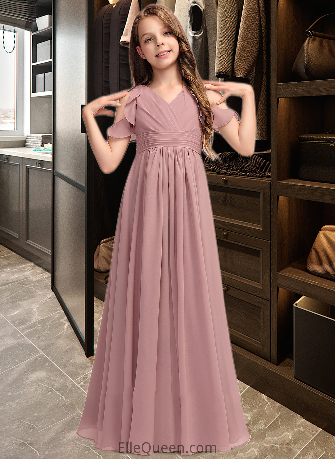 Amiyah A-Line V-neck Floor-Length Chiffon Junior Bridesmaid Dress With Cascading Ruffles DGP0013413