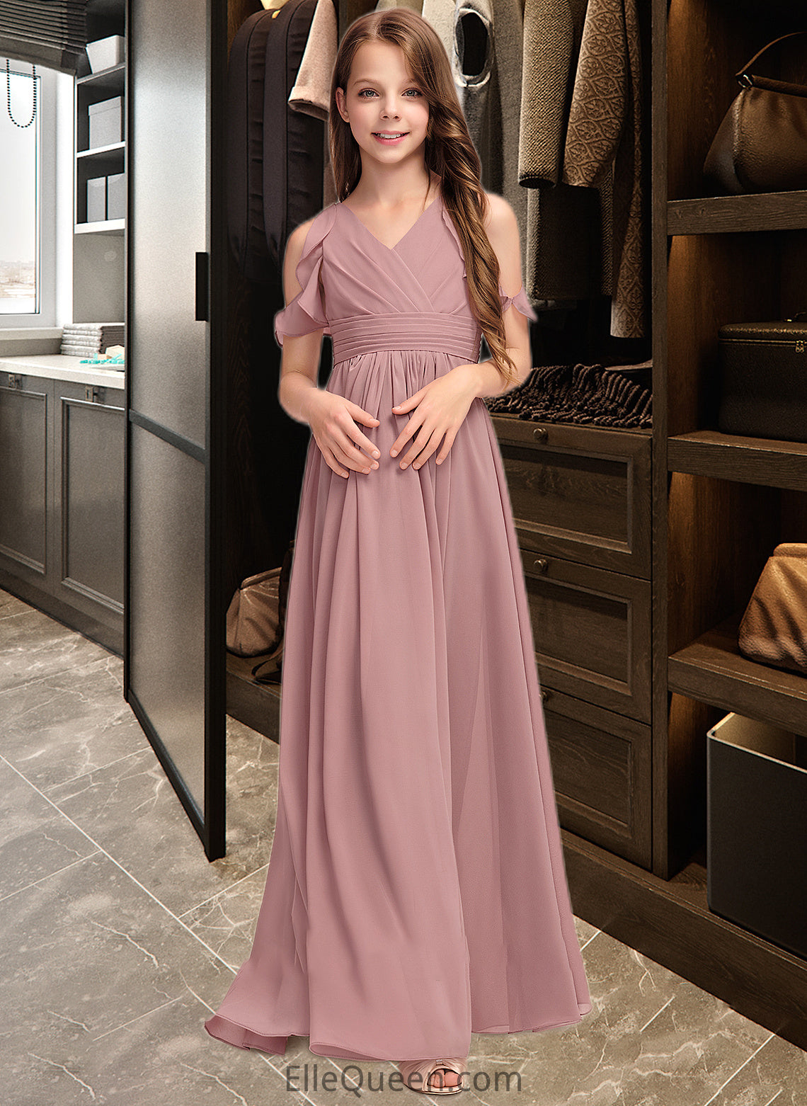 Amiyah A-Line V-neck Floor-Length Chiffon Junior Bridesmaid Dress With Cascading Ruffles DGP0013413