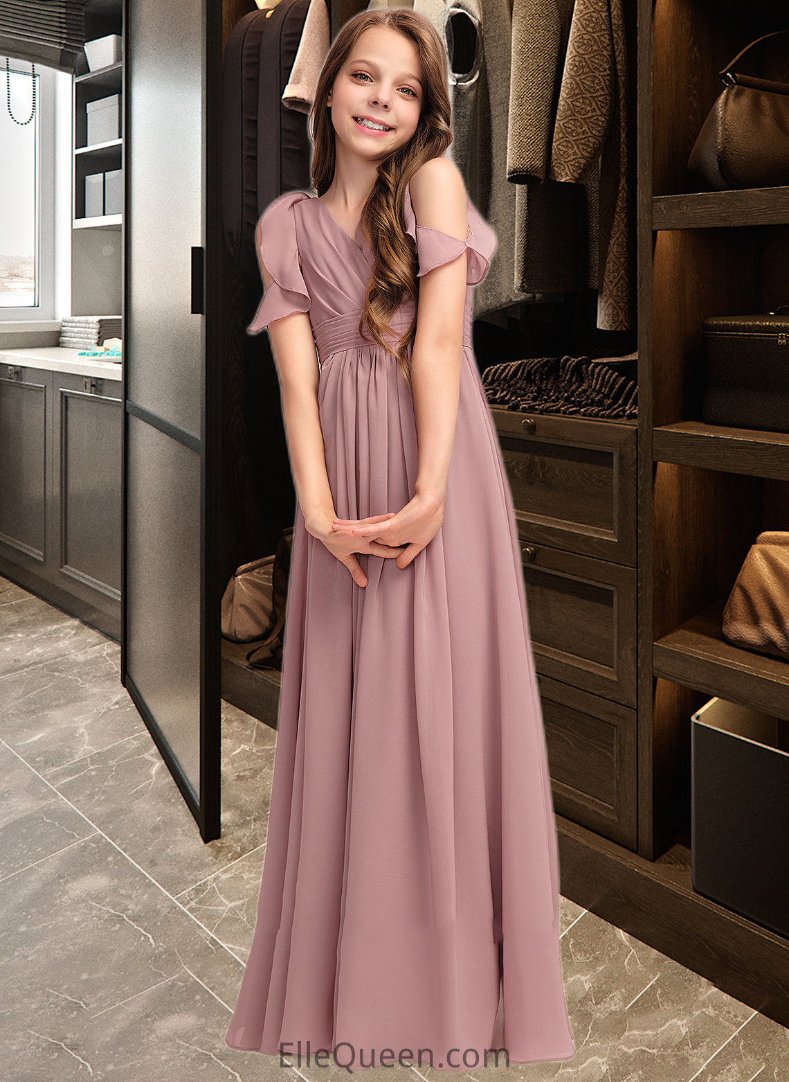 Amiyah A-Line V-neck Floor-Length Chiffon Junior Bridesmaid Dress With Cascading Ruffles DGP0013413