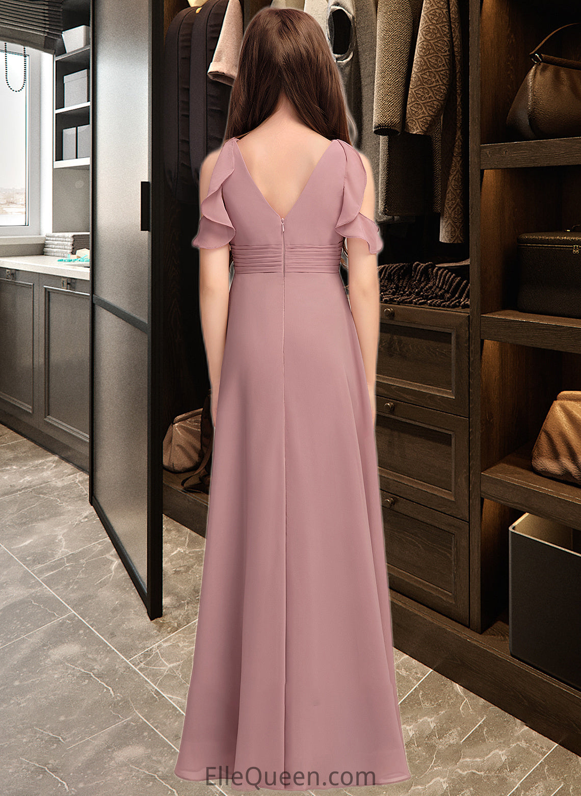 Amiyah A-Line V-neck Floor-Length Chiffon Junior Bridesmaid Dress With Cascading Ruffles DGP0013413