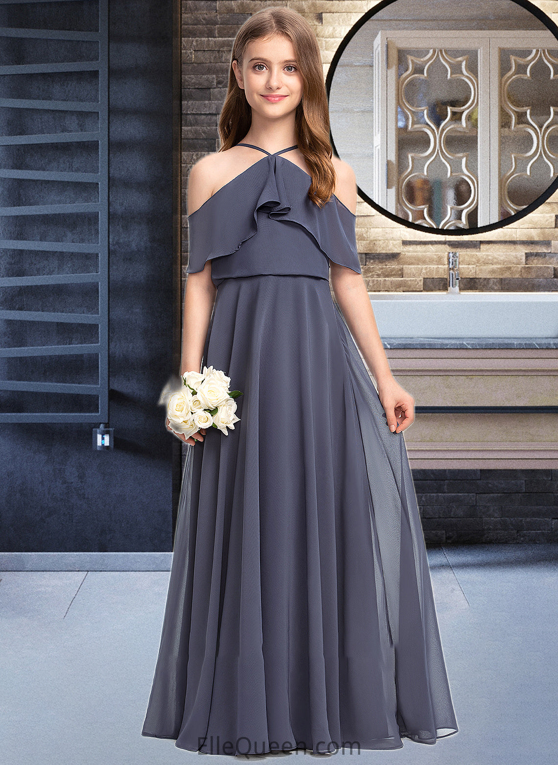 Sally A-Line Off-the-Shoulder Floor-Length Chiffon Junior Bridesmaid Dress With Cascading Ruffles DGP0013415