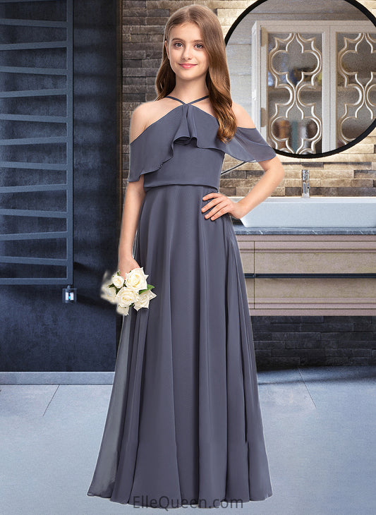 Sally A-Line Off-the-Shoulder Floor-Length Chiffon Junior Bridesmaid Dress With Cascading Ruffles DGP0013415