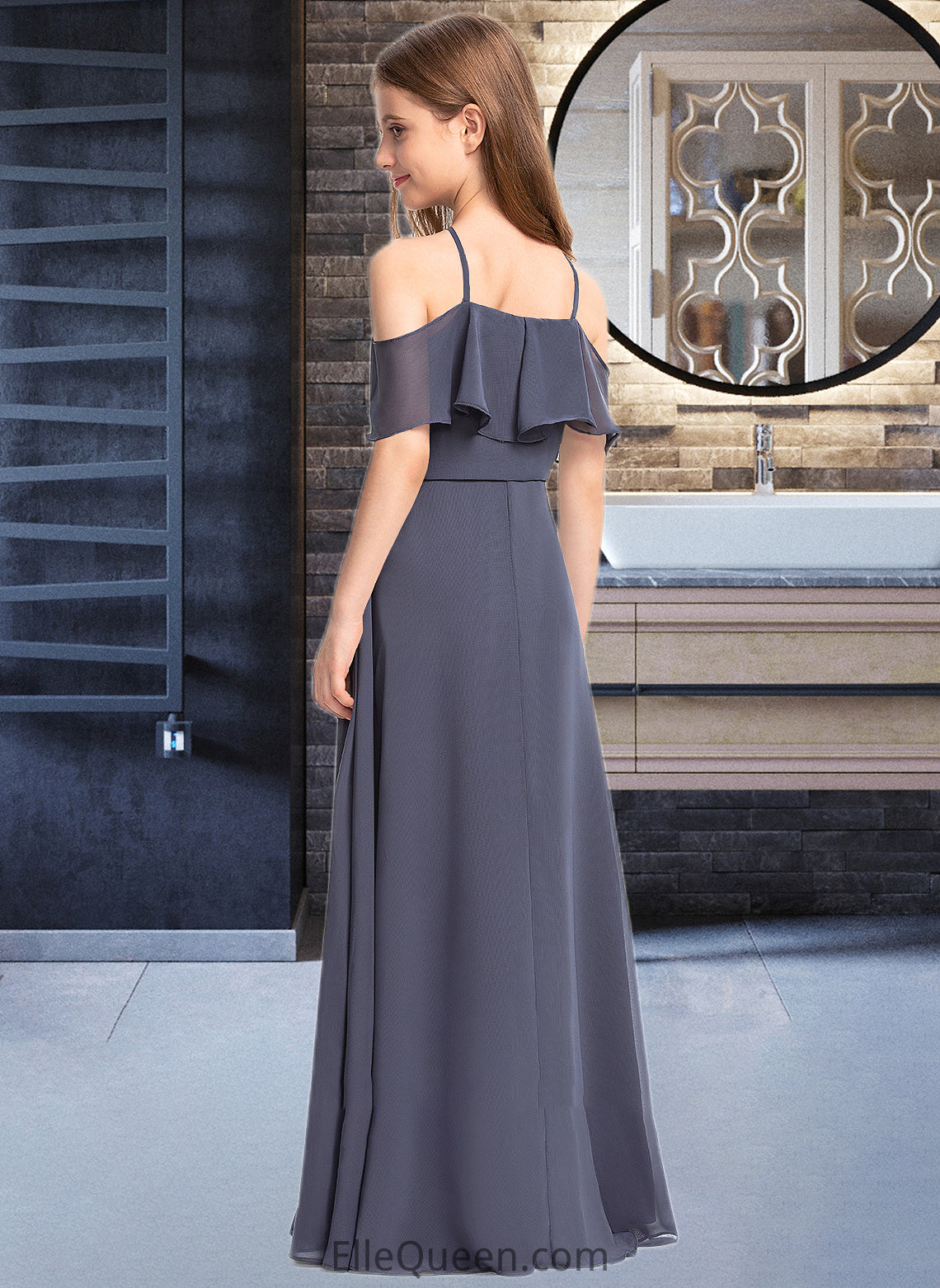 Sally A-Line Off-the-Shoulder Floor-Length Chiffon Junior Bridesmaid Dress With Cascading Ruffles DGP0013415