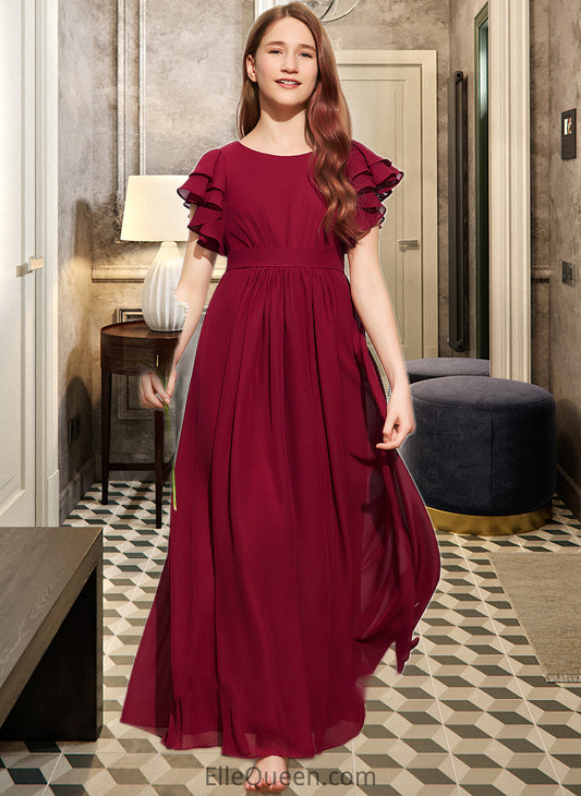 Yasmin A-Line Scoop Neck Floor-Length Chiffon Junior Bridesmaid Dress With Cascading Ruffles DGP0013417