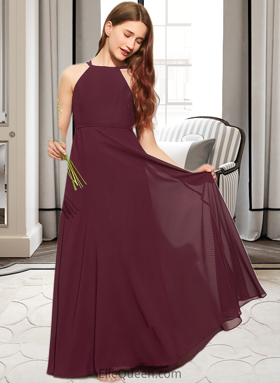 Uerica A-Line Scoop Neck Floor-Length Chiffon Junior Bridesmaid Dress DGP0013418