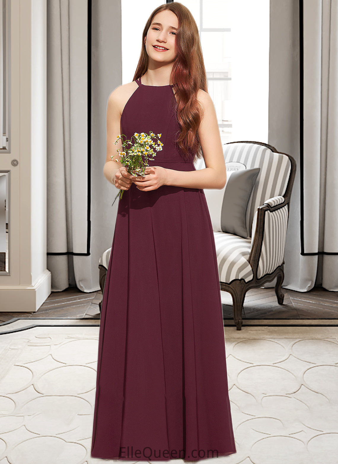 Uerica A-Line Scoop Neck Floor-Length Chiffon Junior Bridesmaid Dress DGP0013418