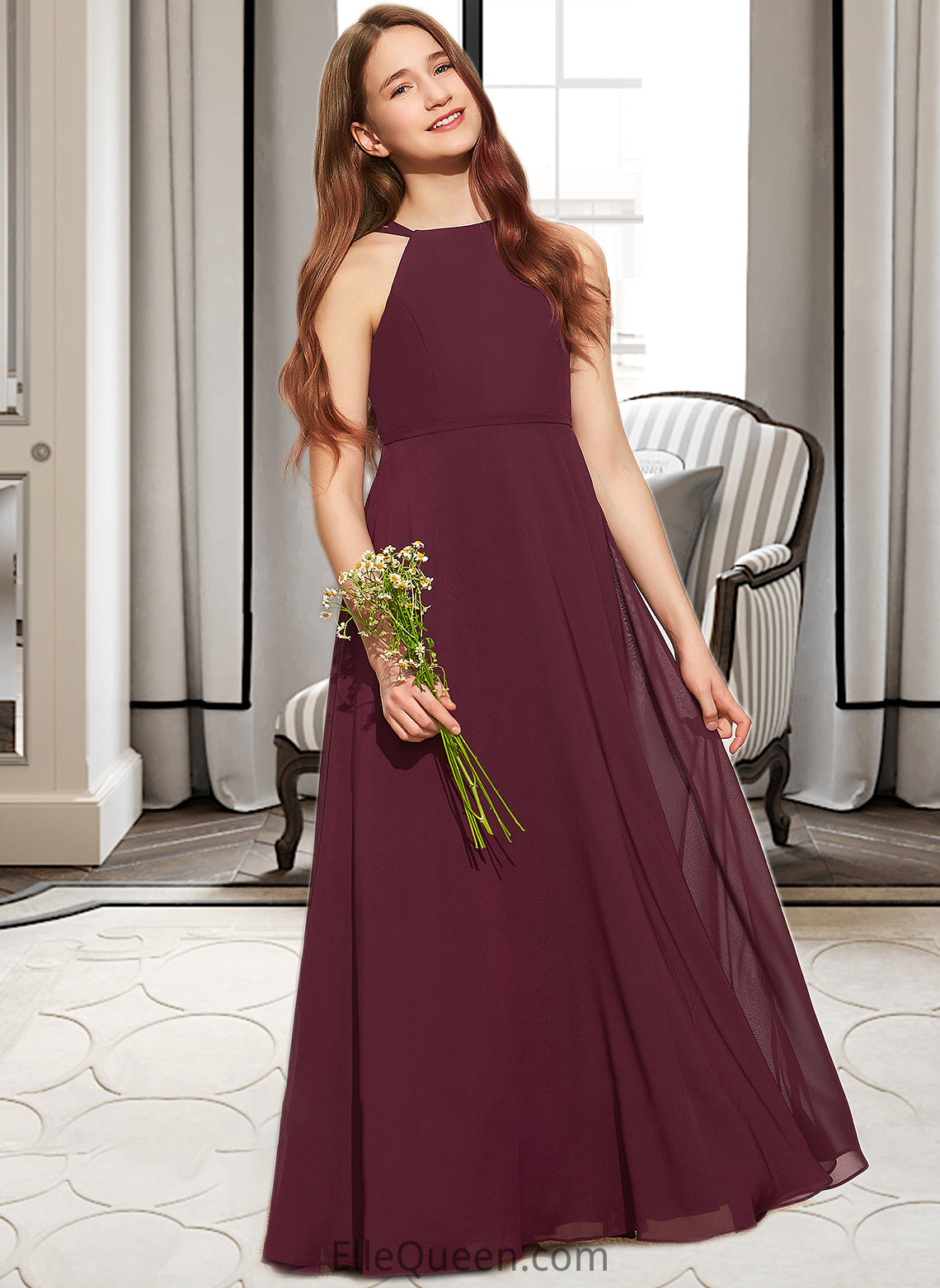 Uerica A-Line Scoop Neck Floor-Length Chiffon Junior Bridesmaid Dress DGP0013418