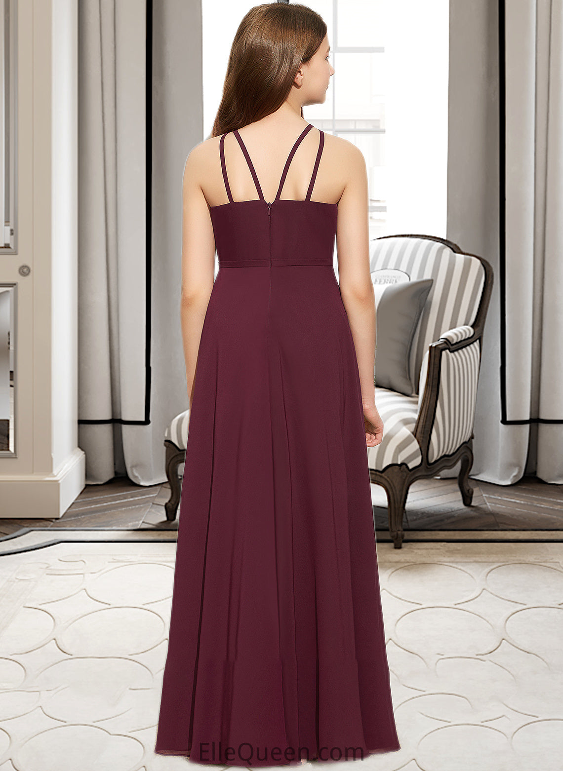 Uerica A-Line Scoop Neck Floor-Length Chiffon Junior Bridesmaid Dress DGP0013418