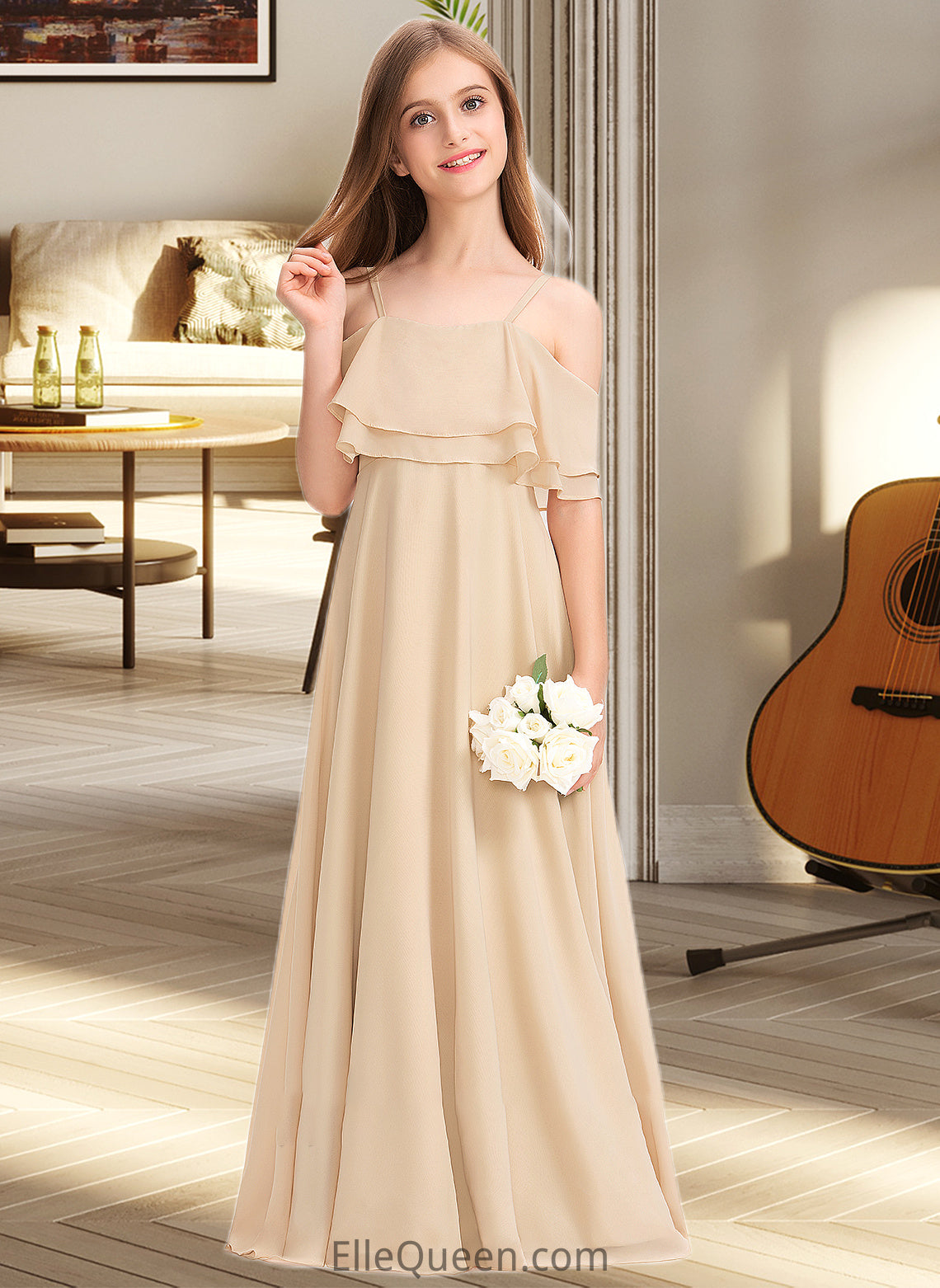 Brenna A-Line Off-the-Shoulder Floor-Length Chiffon Junior Bridesmaid Dress With Cascading Ruffles DGP0013419