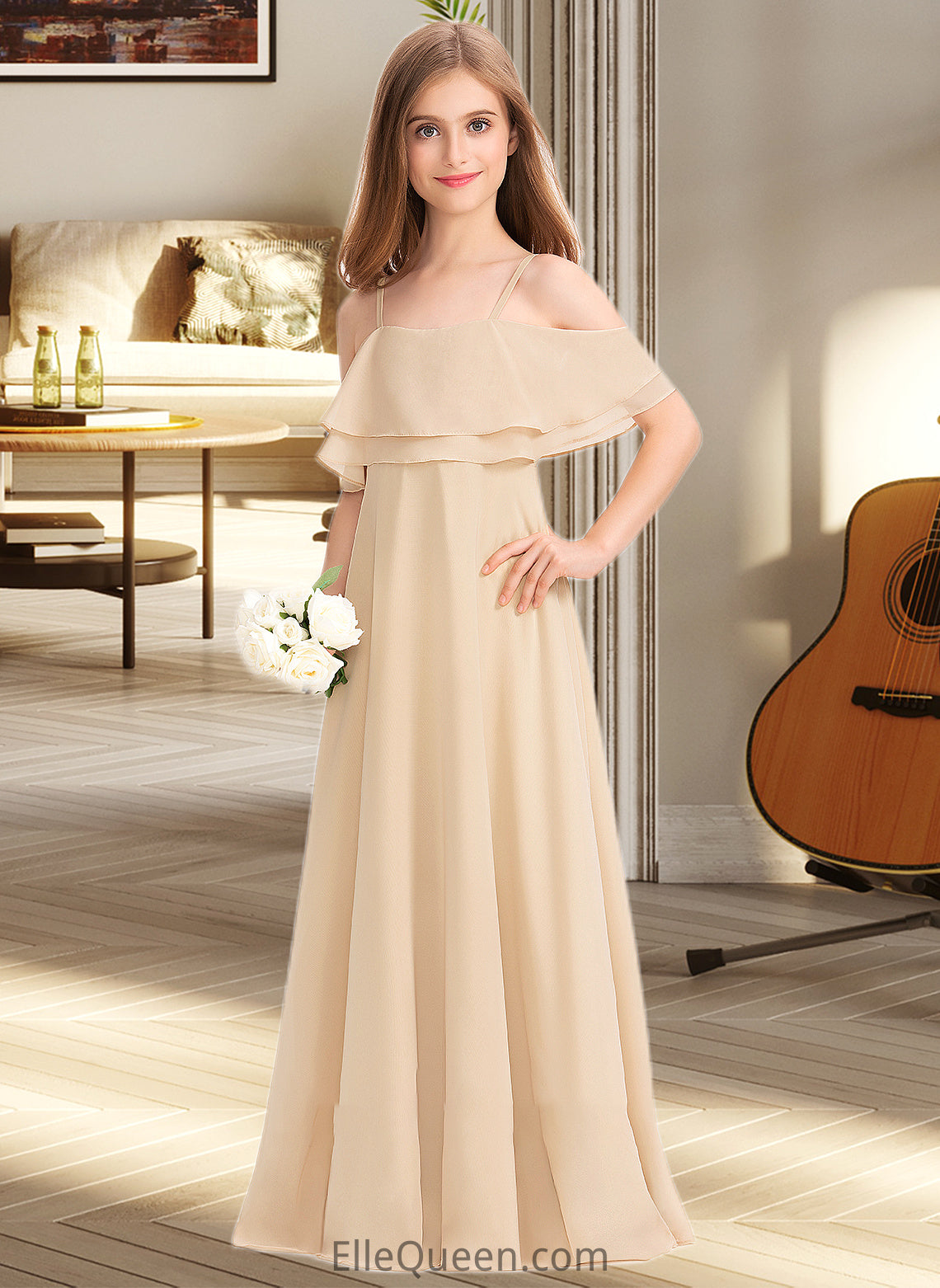 Brenna A-Line Off-the-Shoulder Floor-Length Chiffon Junior Bridesmaid Dress With Cascading Ruffles DGP0013419