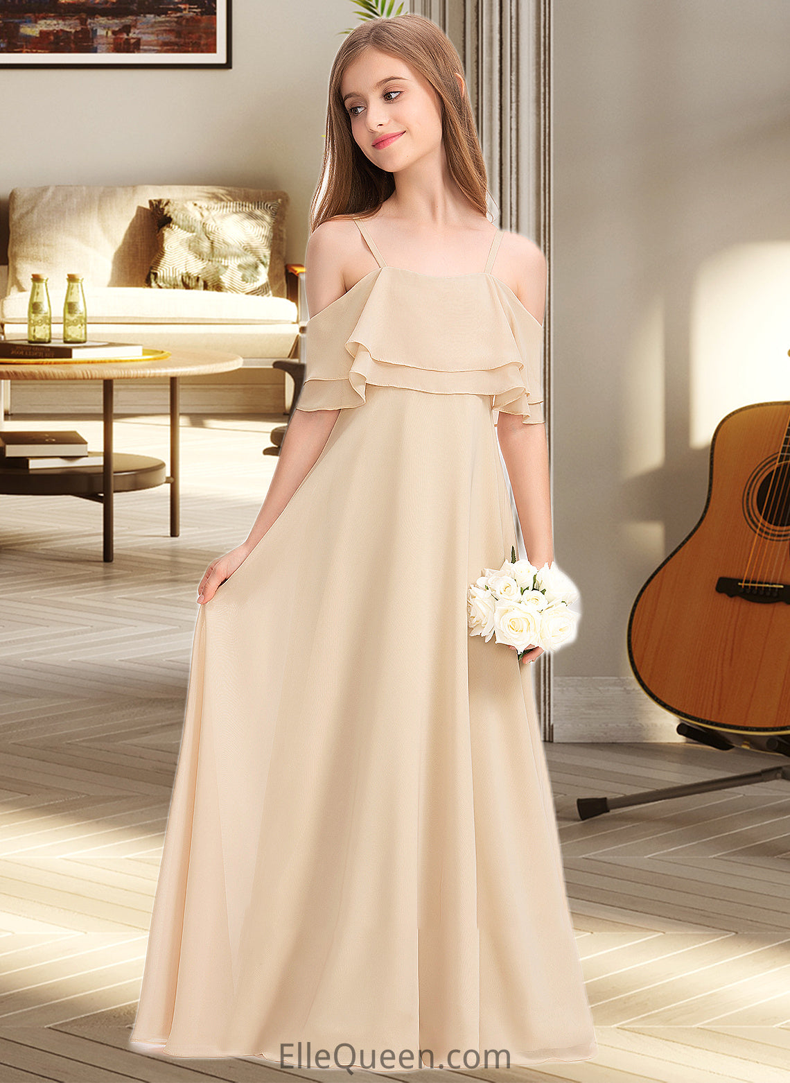 Brenna A-Line Off-the-Shoulder Floor-Length Chiffon Junior Bridesmaid Dress With Cascading Ruffles DGP0013419