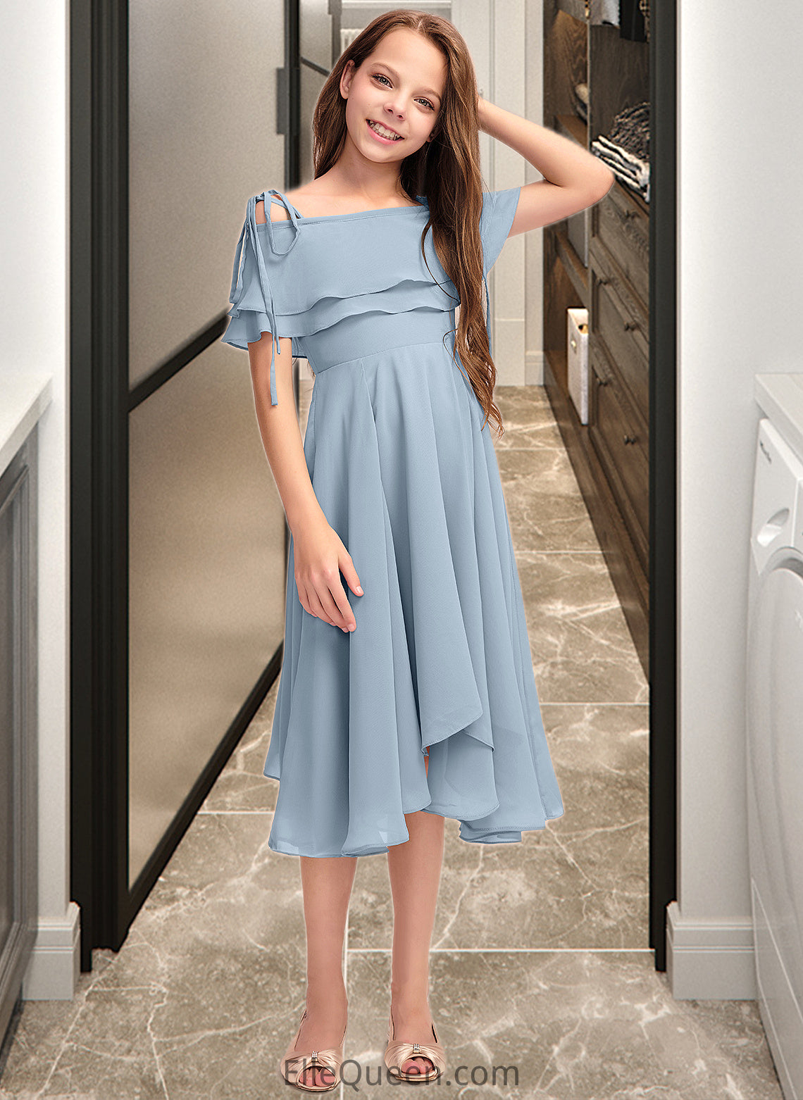 Chloe A-Line Off-the-Shoulder Asymmetrical Chiffon Junior Bridesmaid Dress With Cascading Ruffles DGP0013420